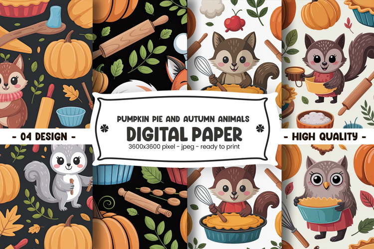 Pumpkin Pie and Autumn Animals Digital Paper