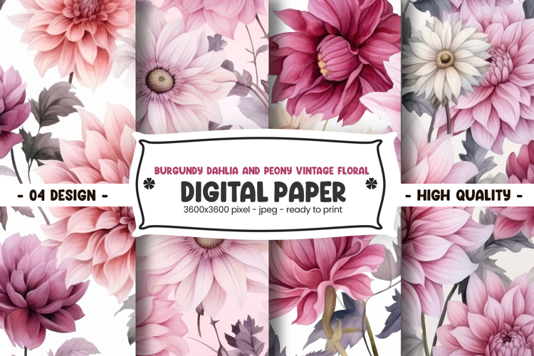 Burgundy dahlia and peony vintage floral digital paper