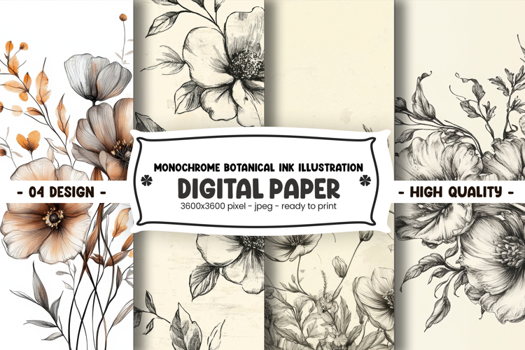 Monochrome botanical ink illustration digital paper