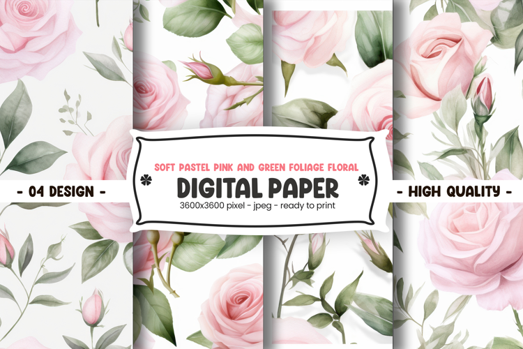 Soft pastel pink and green foliage floral digital paper