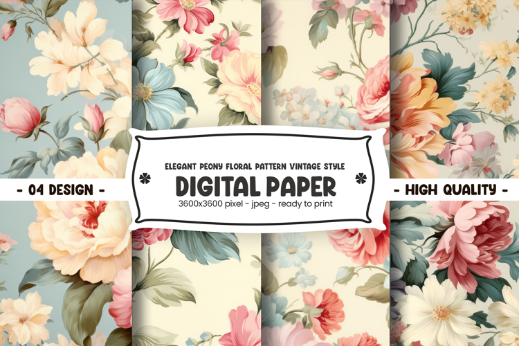 Elegant peony floral pattern vintage style digital paper