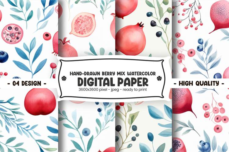Hand-drawn berry mix watercolor digital paper