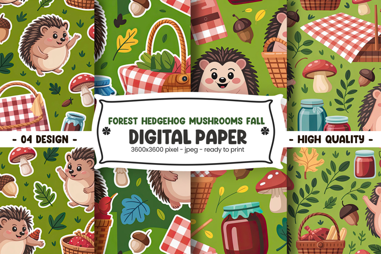 Forest Hedgehog Mushrooms Fall Digital Paper