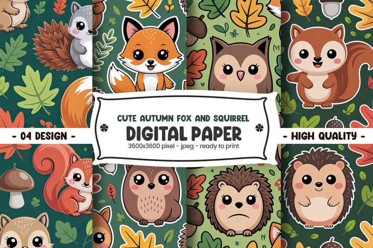 Cute Autumn Fox and Squirrel Digital Paper