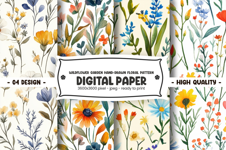Wildflower garden hand-drawn floral pattern digital paper