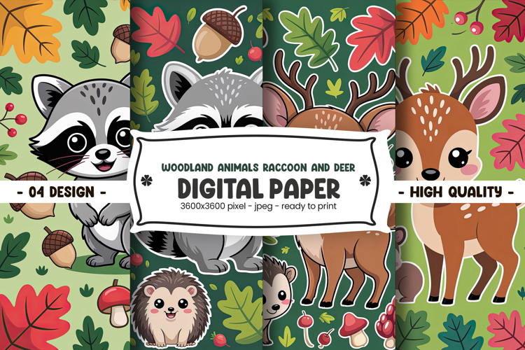 Woodland Animals Raccoon and Deer Digital Paper