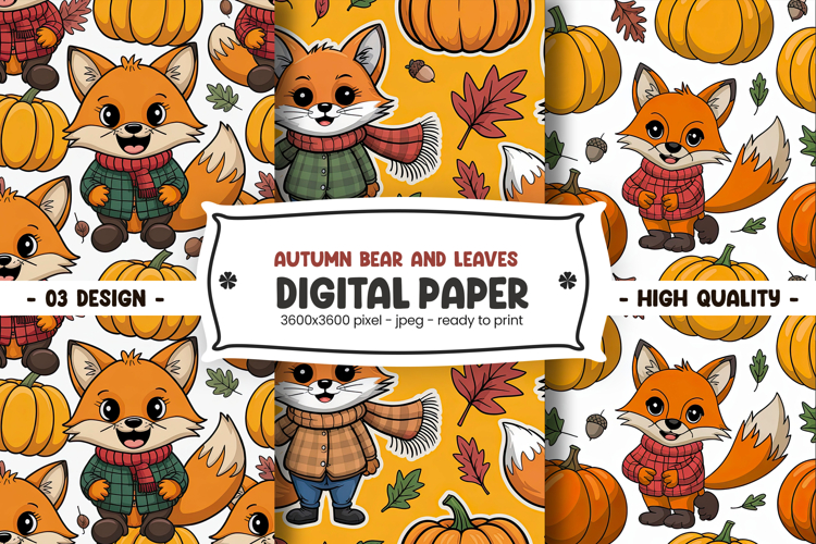 Autumn Bear and Leaves Digital Paper