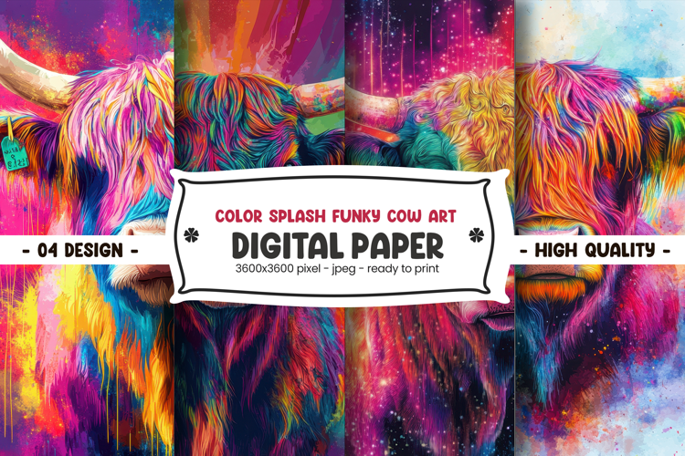 Color splash funky cow art digital paper