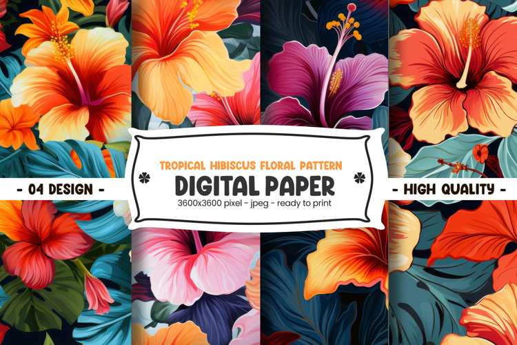 Tropical hibiscus floral pattern digital paper