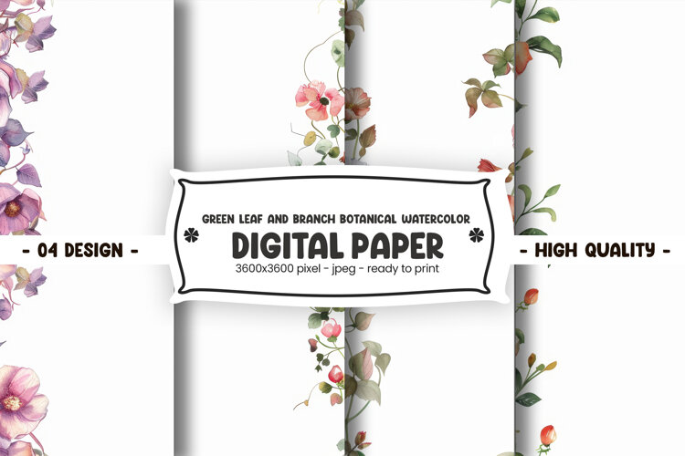 Green leaf and branch botanical watercolor digital paper example image 1