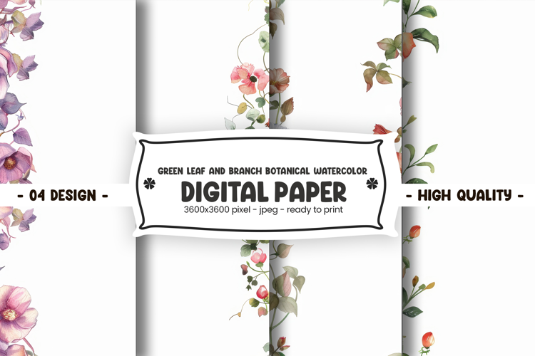 Green leaf and branch botanical watercolor digital paper