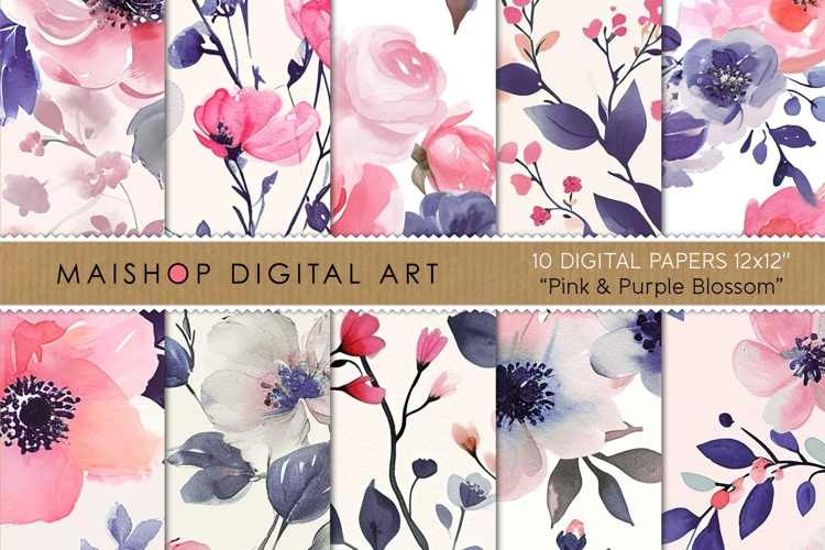 Pink and Purple Floral Digital Paper Pack Romantic Set