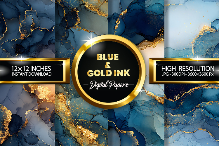 Blue   Gold Ink Digital Papers - 04 variations