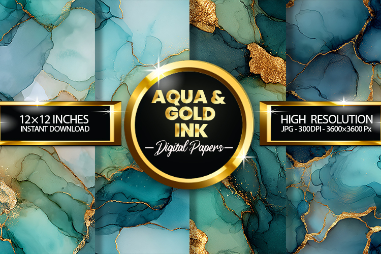 Aqua   Gold Ink Digital Papers - 04 variations