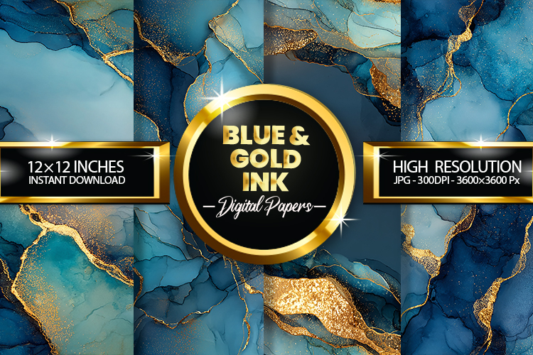 Blue   Gold Ink Digital Papers - 04 variations
