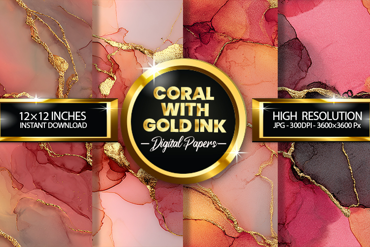 Coral With Gold Ink Digital Papers - 04 variations