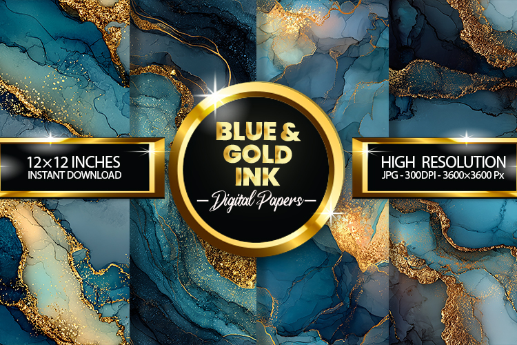 Blue   Gold Ink Digital Papers - 04 variations