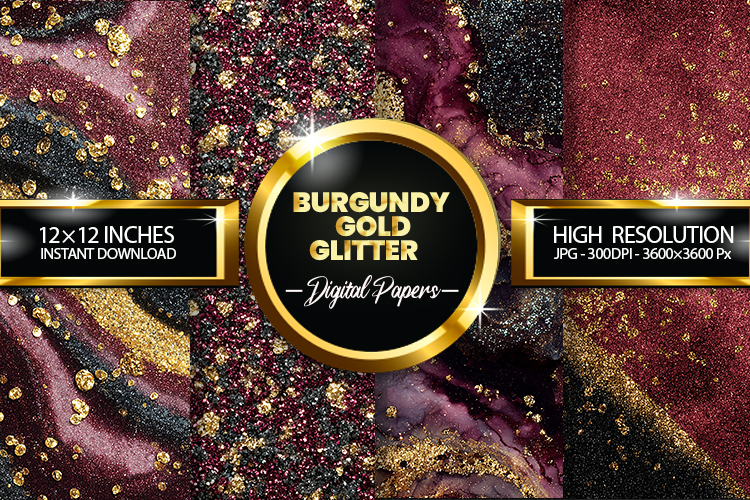 Burgundy Gold Glitter Digital Papers - 04 Variations