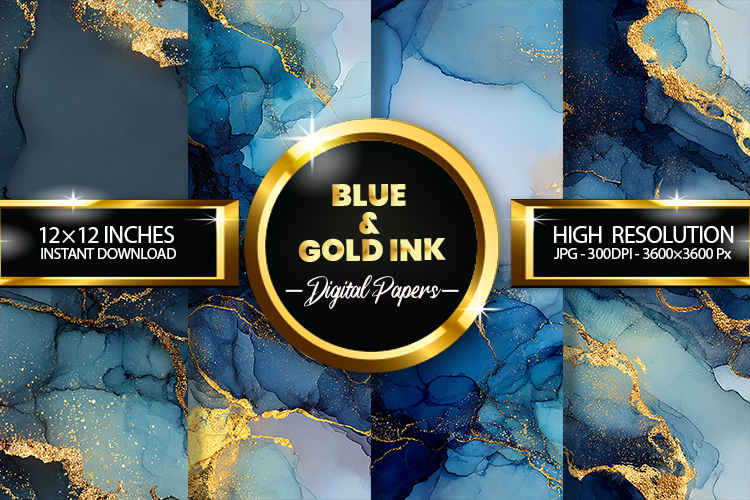 Blue   Gold Ink Digital Papers - 04 variations