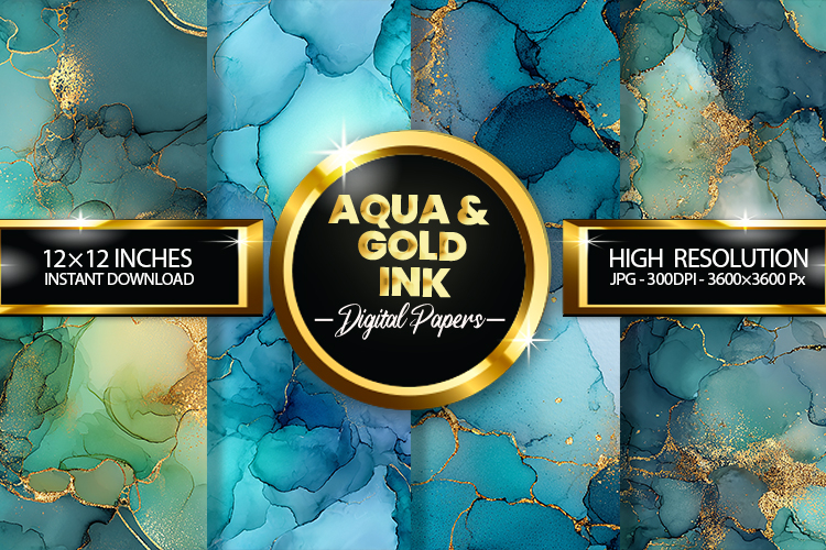 Aqua   Gold Ink Digital Papers - 04 variations