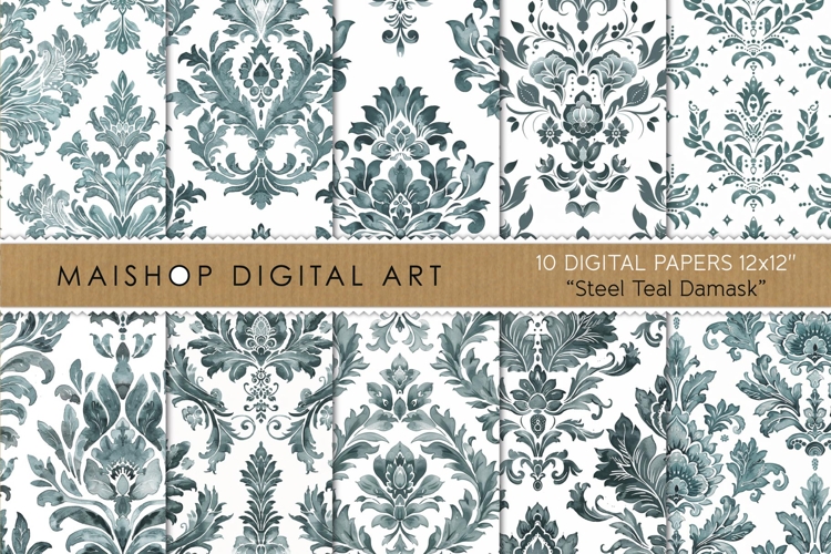 Steel Teal Damask Digital Paper Pack