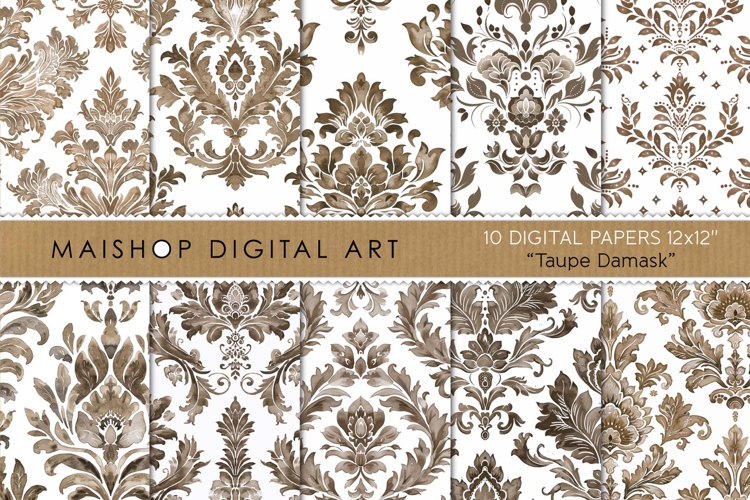Elegant Taupe Damask Digital Papers Watercolor Style
