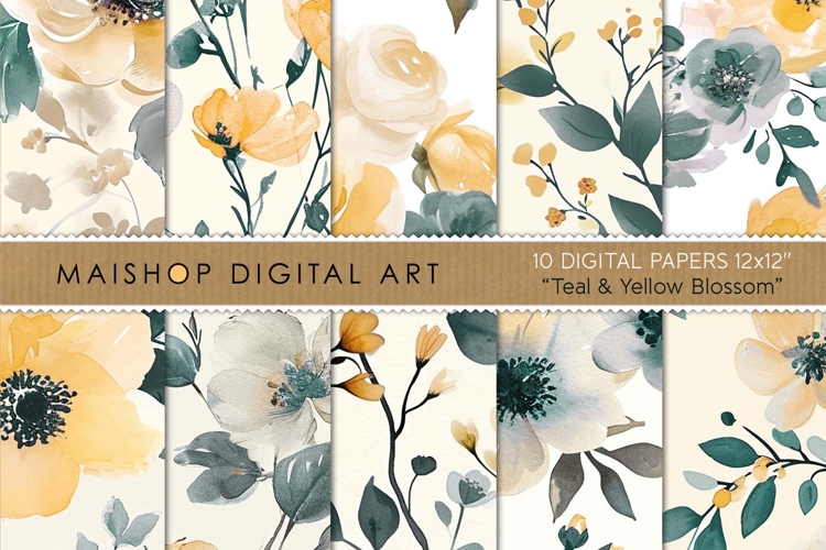 Teal and Yellow Floral Digital Paper Pack for Crafts