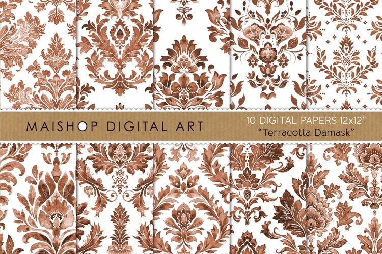 Terracotta Damask Digital Papers Seamless Watercolor Pack