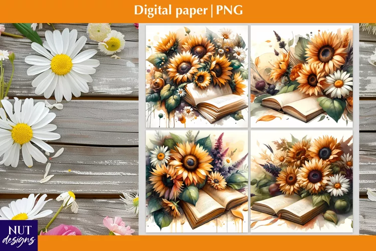 Digital paper Sunflowers & Book, floral paper scrapbook