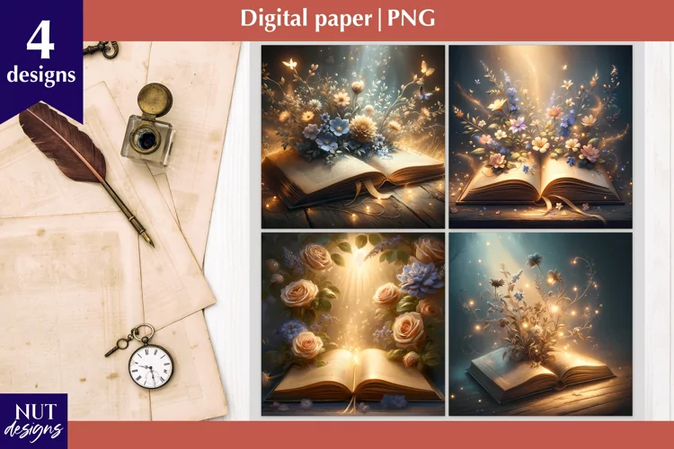 Digital paper Flowers & Book, Mystical floral digital paper