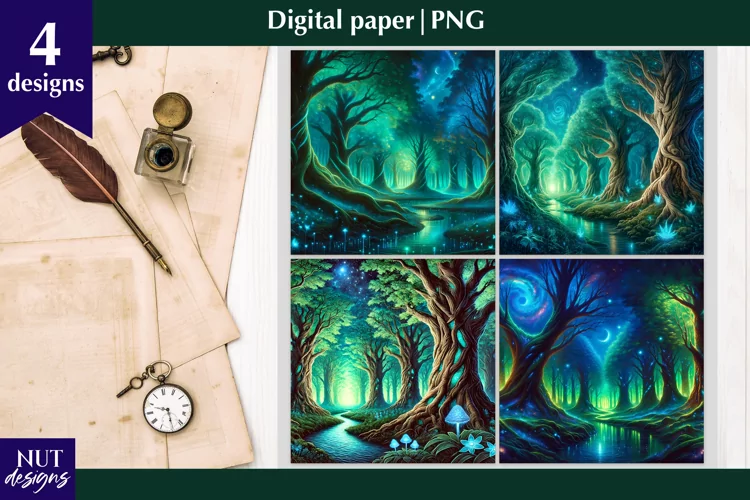 Digital paper Night Forest, Mystical forest background