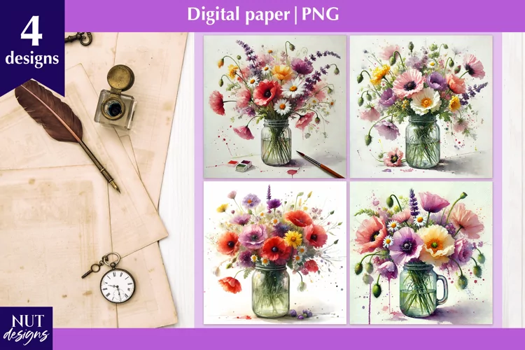Digital paper Mason jar with poppies & flowers illustrations