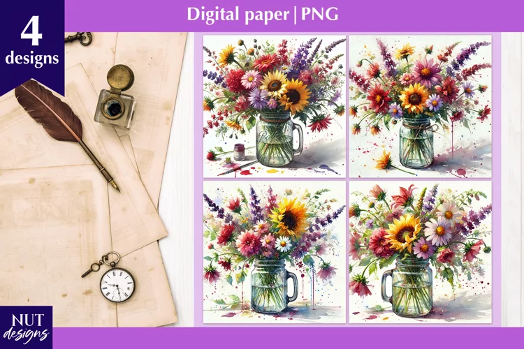 Floral Digital paper Mason jar with Sunflower background