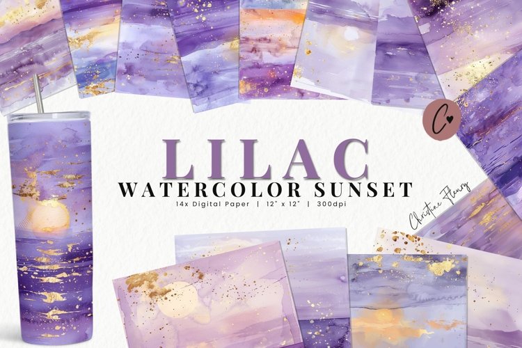 Lilac Watercolor Sunset Digital Paper example image 1