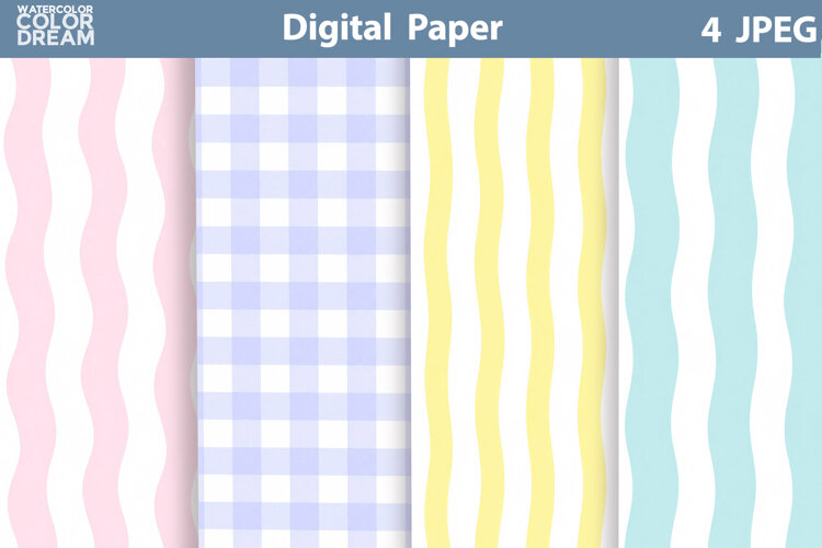 Pastel Digital Paper | Wavy Stripe Gingham Backgrounds example image 1