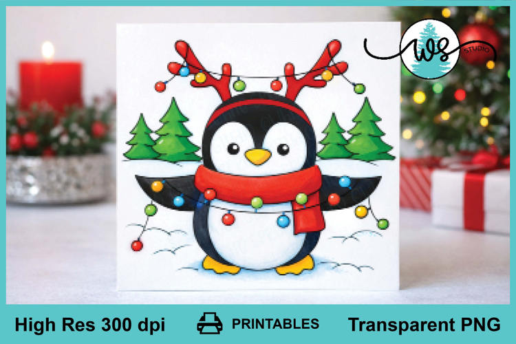 Digital Stamp Christmas Penguin Printable Line Art