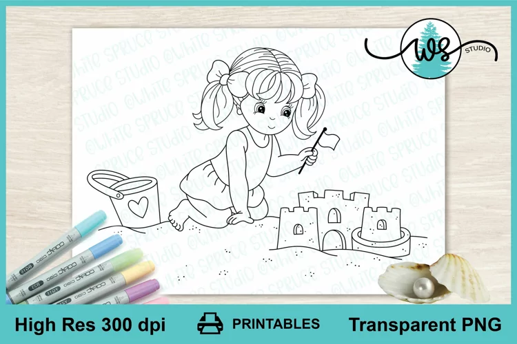 Digital Stamp, Girl, Beach, Sandcastle, Color Page, Summer
