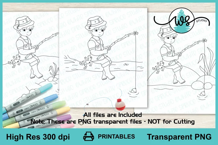 Digital Stamp, Fishing Boy, Color Page, Summer, Bobber, Digi