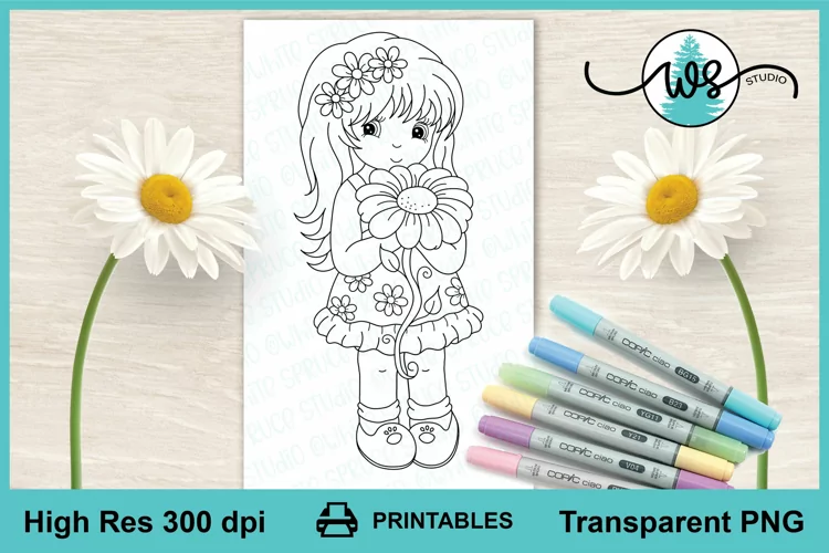 Digital Stamp, Girl, Flower, Daisy, Colour Page, Printable
