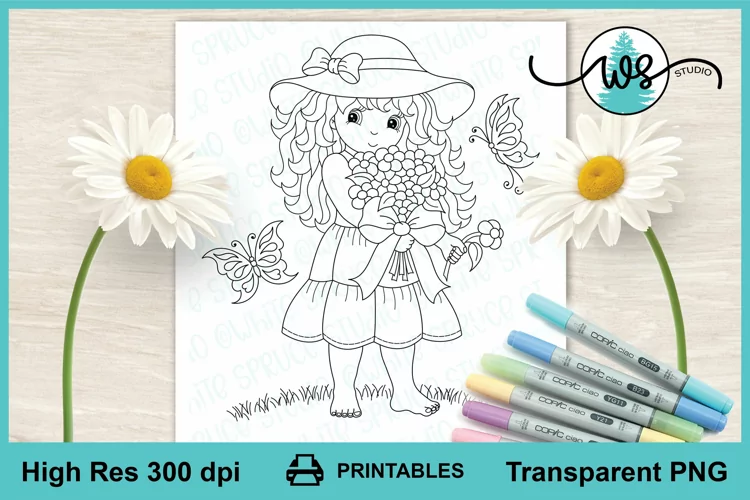 Digital Stamp, Girl, Butterfly, Flowers, Coloring Page
