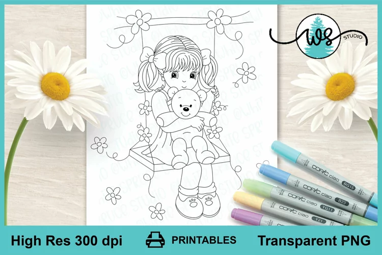 Digital Stamp, Girl Swing Teddy Bear, Cute Girl Line Art PNG