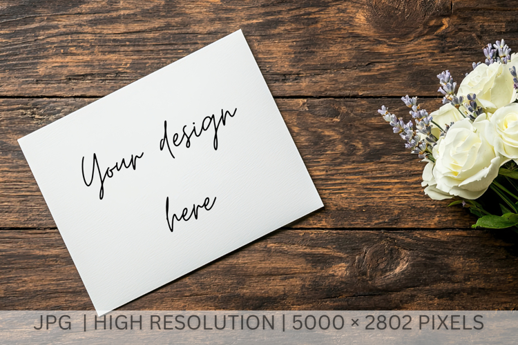 wedding card mockup, invitation card wooden table, flat lay