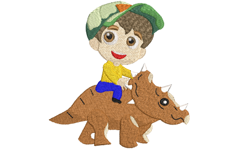 Boy with a Baseball Cap on a Dinosaur Embroidery Design