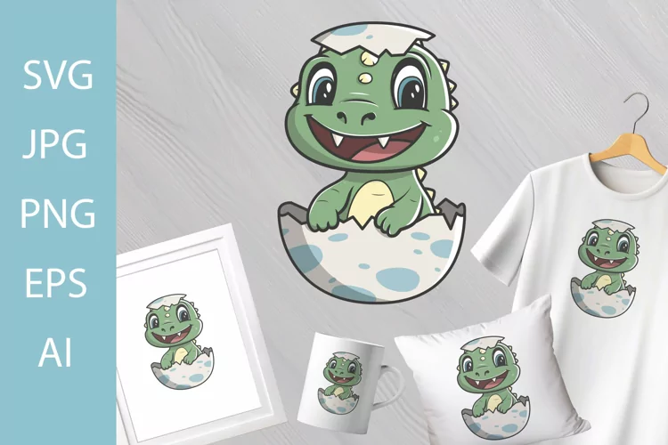 Cute Happy Green Dino in Egg SVG