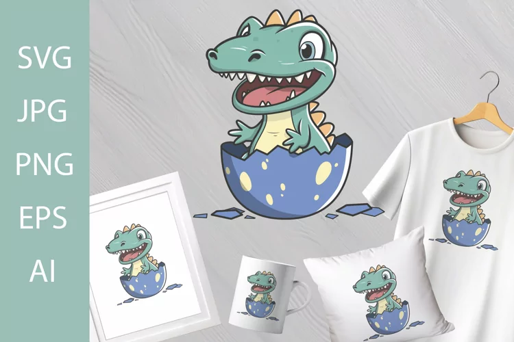 Cute Happy Green Dino in Egg SVG