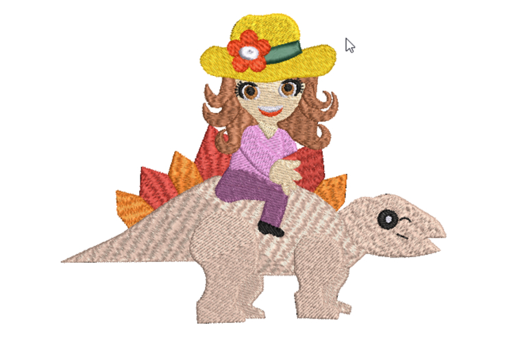 Girl on a Dinosaur in a Sun Hat Machine Embroidery