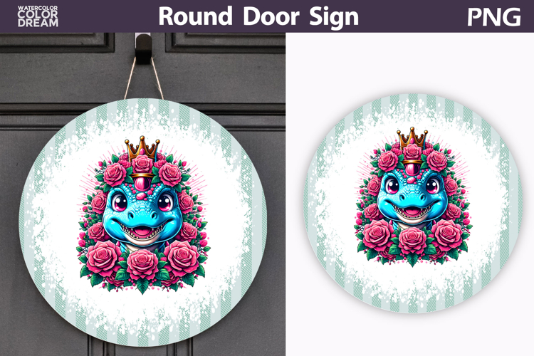 Pink Floral Dino Door Sign | Cute Round Decor