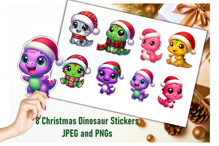 8 Christmas Dinosaur Stickers JPEG and PNGs