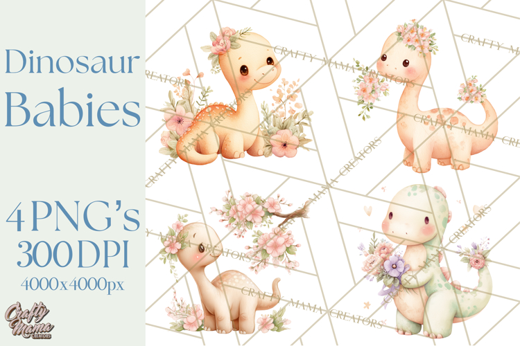 Cute Baby Dinosaurs Clipart PNG, Watercolor Dinosaur