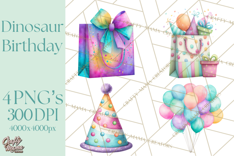Dinosaur Birthday Clipart PNG, Watercolor Dino Birthday
